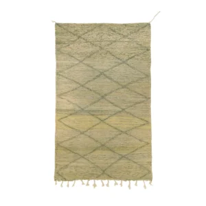 This beige and green handwoven rug features a stylish diamond pattern with fringe on one end, adding a touch of elegance to any room.