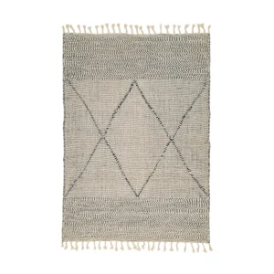 Handwoven rug featuring geometric patterns with triangle and diamond designs. Crafted in neutral tones with fringed edges and intricate weaving for a stylish touch to any room.