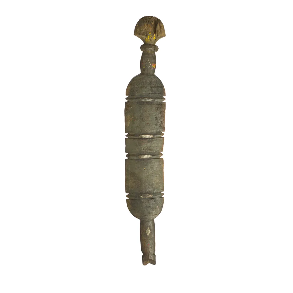 This hand-carved, vintage wooden sculpture boasts a geometric, stacked design with a rounded top reminiscent of a classic tent peg, blending tradition with artistry.