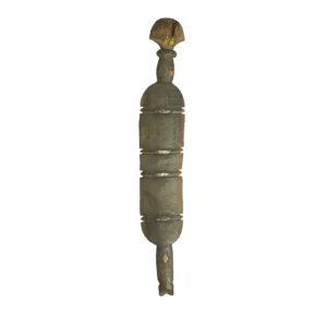 This hand-carved, vintage wooden sculpture boasts a geometric, stacked design with a rounded top reminiscent of a classic tent peg, blending tradition with artistry.