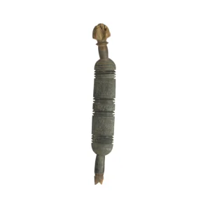 This hand-carved, vintage wooden wand showcases intricate geometric patterns and decorative ends, reminiscent of an elegant tent peg.