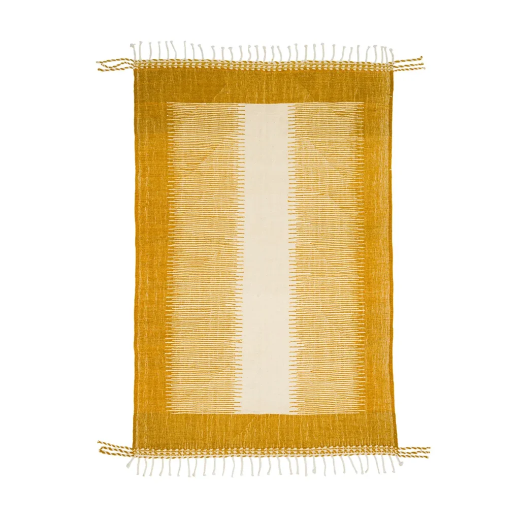 A rectangular rug with a yellow border and a beige center showcases a pattern of horizontal lines. It features fringed edges on all sides, enhancing its elegant appearance.