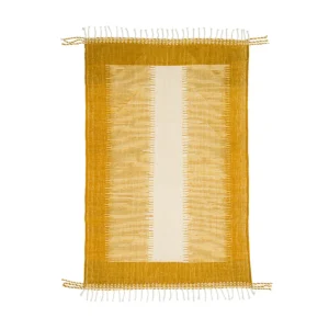 A rectangular rug with a yellow border and a beige center showcases a pattern of horizontal lines. It features fringed edges on all sides, enhancing its elegant appearance.