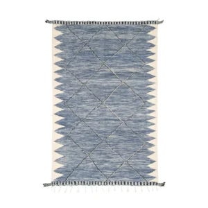 A handwoven rectangular rug with a geometric pattern showcasing blue diamond shapes on a light background. The edges are adorned with tassels and a stylish striped design, adding an artisan touch to your space.