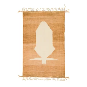 This beige and brown woven rug features a striking geometric pattern at its center, complemented by fringe on the shorter sides. Ideal for adding a touch of elegance to any space, it seamlessly blends style and function.