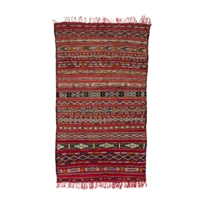 A rectangular, multicolored vintage handwoven rug featuring intricate geometric patterns and fringed edges.