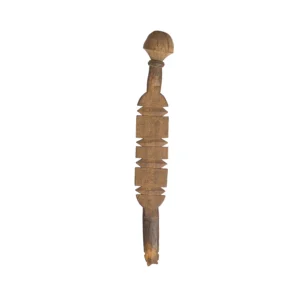 Hand-carved wooden staff with geometric patterns and a rounded top, evoking the charm of a vintage tent peg.