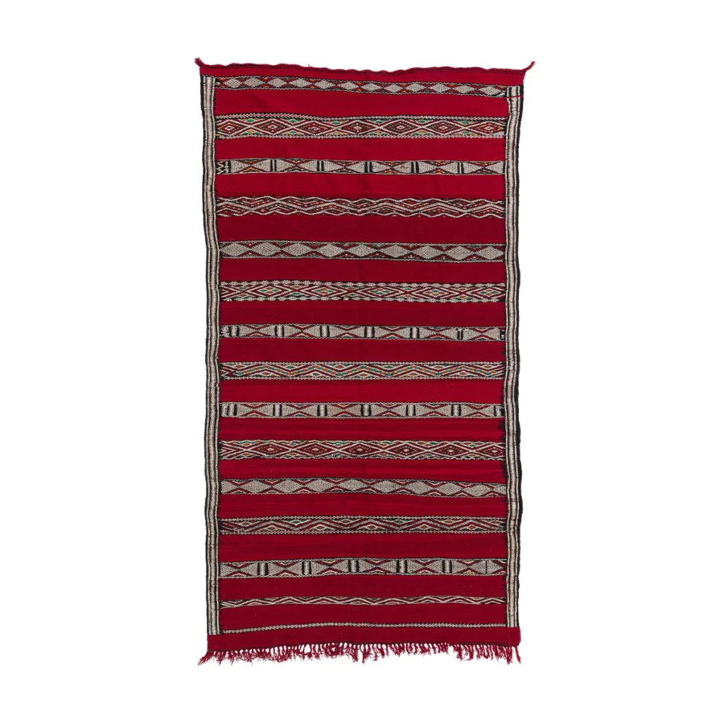 This vintage handwoven rug features a rectangular design with horizontal red and black stripes. The geometric patterns add an artistic touch, and it is finished with fringed edges for a classic look.
