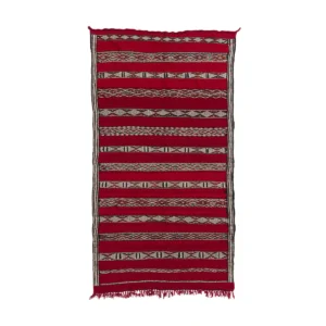 This vintage handwoven rug features a rectangular design with horizontal red and black stripes. The geometric patterns add an artistic touch, and it is finished with fringed edges for a classic look.