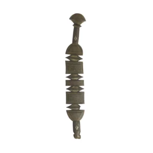 This intricately hand-carved artifact, reminiscent of a vintage wooden tent peg, boasts geometric patterns with stacked shapes and a rounded top.