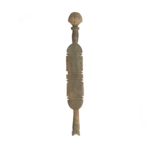 A hand-carved vintage wooden object exhibits a symmetrical shape with rounded ends and an intricate middle section, resembling an elegant tent peg, isolated on a white background.