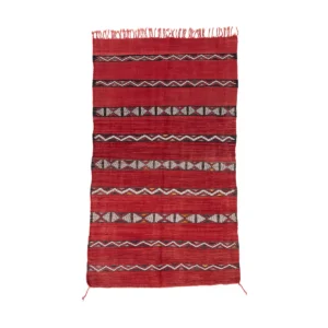 This vintage, handwoven rectangular rug showcases intricate horizontal geometric patterns and fringes along one edge, emphasizing its unique artisan craftsmanship.