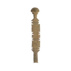 Hand-carved vintage staff with geometric shapes and a rounded top, echoing traditional African art, akin to the craftsmanship of a wooden tent peg.