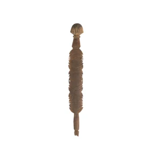 A hand-carved vintage wooden object with ornate patterns, a rounded top, and a tapered end, featuring symmetrical, intricate designs along its length—perfect as an elegant tent peg or decorative piece.