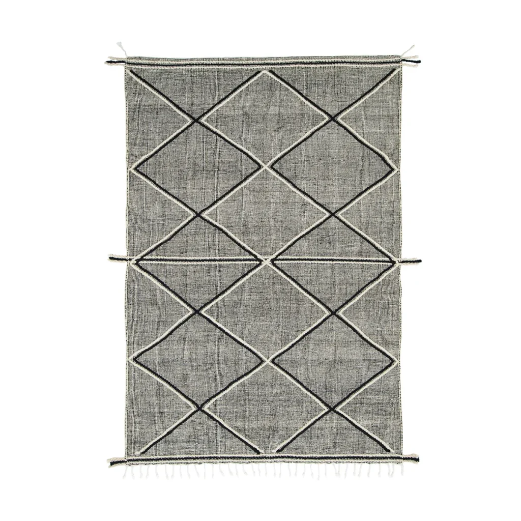 This elegant gray rug features a white geometric diamond pattern and tassels on its shorter edges, adding a touch of sophistication to any space.