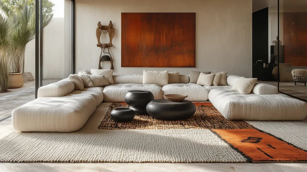 A modern living room with a large white sectional sofa, round black coffee tables, and an abstract orange artwork on the wall—perfectly complemented by a textured handcrafted rug for unique home decor flair.