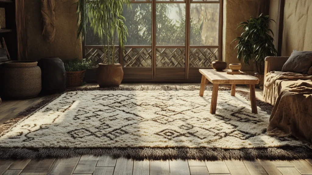 A sunlit living room with a handcrafted rug, wooden coffee table, sofa, potted plants, and large window overlooking greenery—perfect for modern homes seeking warmth and style.
