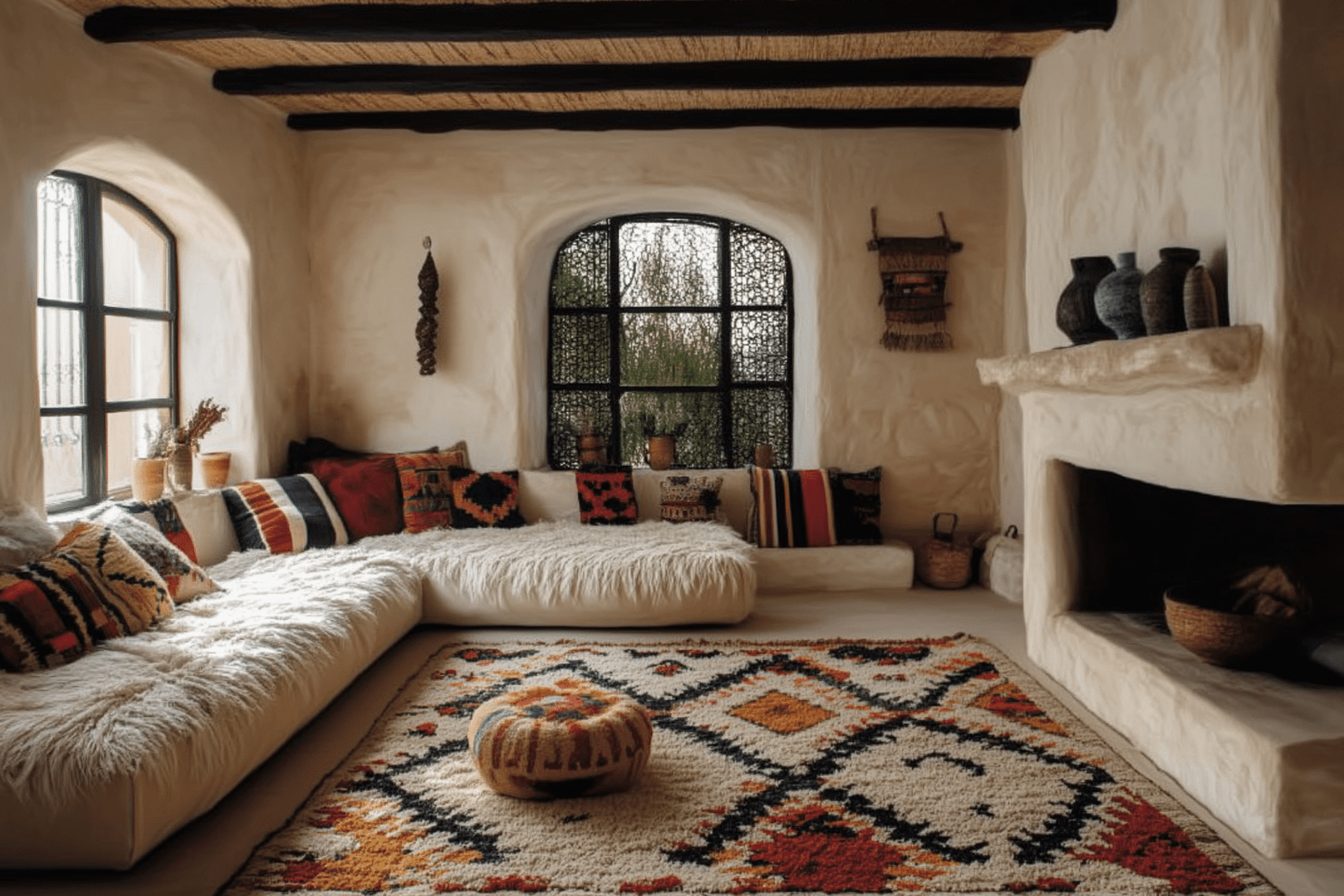 A cozy living room with a white built-in sofa, colorful patterned cushions, a machine-made geometric rug, a fireplace, and decorative pottery, featuring arched windows with patterned screens. Notice the difference between handcrafted and machine-made rugs.
