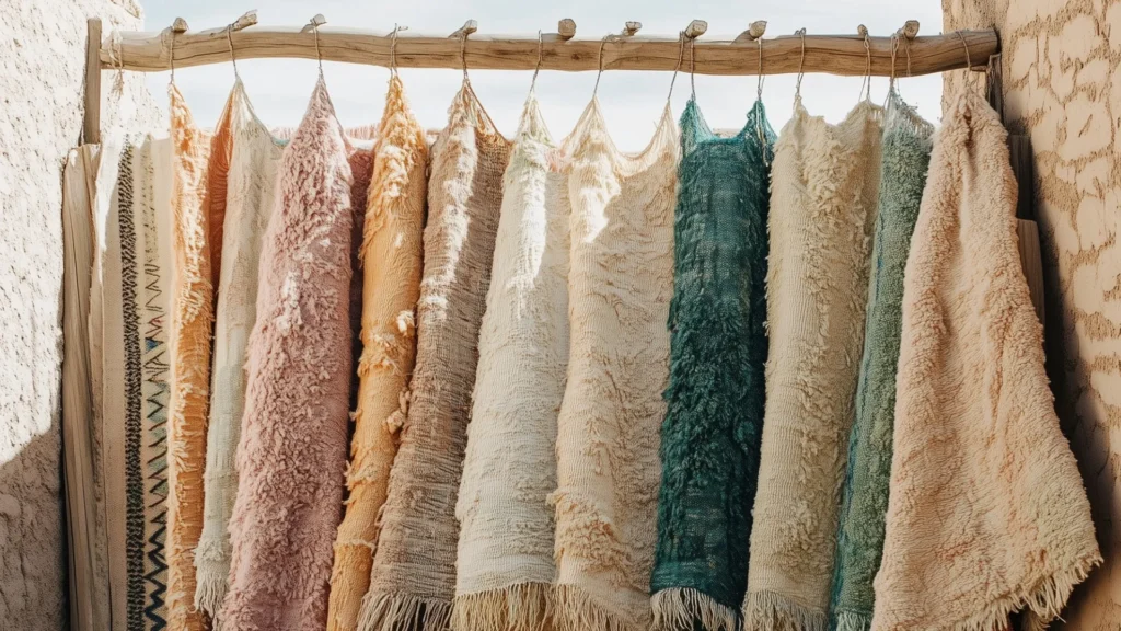 A row of colorful, textured rugs—both machine-made rugs and handcrafted rugs—hangs on a wooden rod outdoors, displayed side by side in natural light to highlight the difference in their artistry.