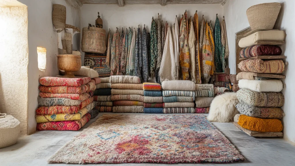 A room displays stacked, colorful handcrafted rugs and rolled textiles against the wall, with a large patterned rug on the floor and woven baskets on shelves.