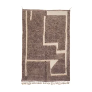Experience the elegance of a hand-knotted Moroccan rug, featuring a rectangular design in beige and brown. This luxury piece boasts abstract geometric patterns and short fringe on its bottom edge, adding a touch of sophistication to any space.