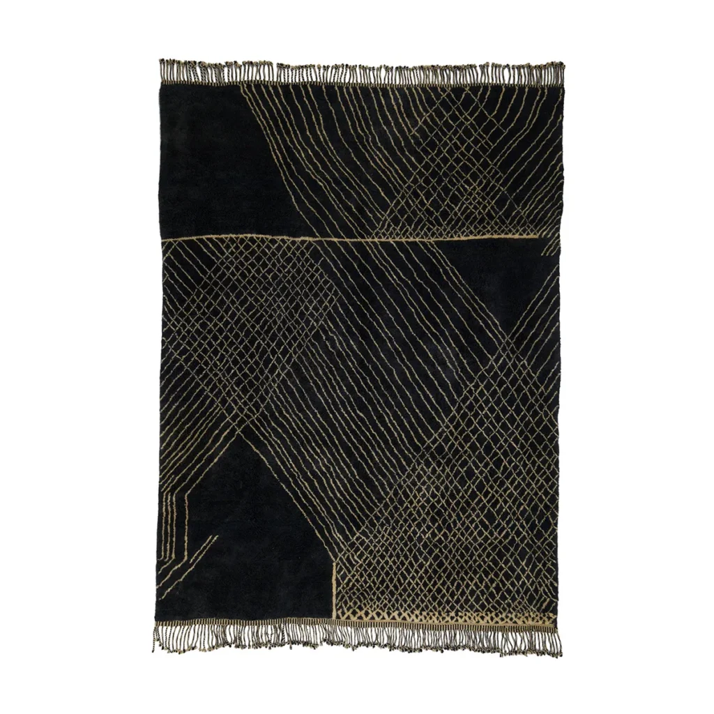 This hand-knotted black rug features abstract, intersecting gold lines that create stunning geometric patterns. The artisanal craftsmanship is highlighted by fringes along the top and bottom edges, embodying the essence of authentic Moroccan rugs.