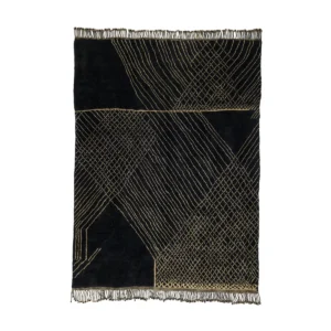 This hand-knotted black rug features abstract, intersecting gold lines that create stunning geometric patterns. The artisanal craftsmanship is highlighted by fringes along the top and bottom edges, embodying the essence of authentic Moroccan rugs.