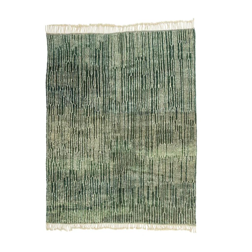 A hand-knotted green textured rug featuring a vertical line pattern and fringe on the edges, showcasing an Authentic Moroccan Rugs exquisite craftsmanship.