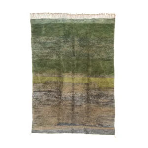 A vibrant rectangular rug showcases a harmonious blend of green, brown, and blue hues. Delicately woven, it features charming tassels along the top edge.