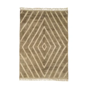 Discover a luxury Moroccan rug in beige and brown, featuring a captivating diamond pattern and elegant fringed edges. This hand-knotted masterpiece adds sophistication to any space.