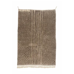 An artisanal rectangular brown rug, showcasing a geometric pattern and fringe edges. The design features a central striped section flanked by diamond shapes, reminiscent of authentic Moroccan rugs.