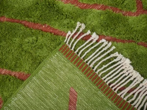A close-up captures the corner of a green rug featuring a white fringed edge and abstract red patterns, seamlessly blending with a carpet that boasts an elegant leaf-like design.