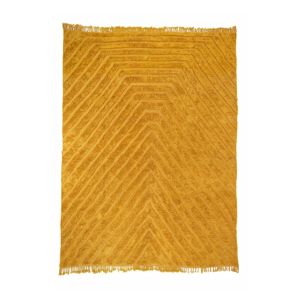This luxury, hand-knotted yellow rug features a striking geometric chevron pattern and elegant fringed edges.