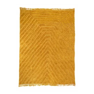 This luxury, hand-knotted yellow rug features a striking geometric chevron pattern and elegant fringed edges.