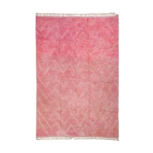 Experience the elegance of this luxury pink rug, featuring a hand-knotted design with a striking zigzag pattern and short fringe on the top and bottom edges.