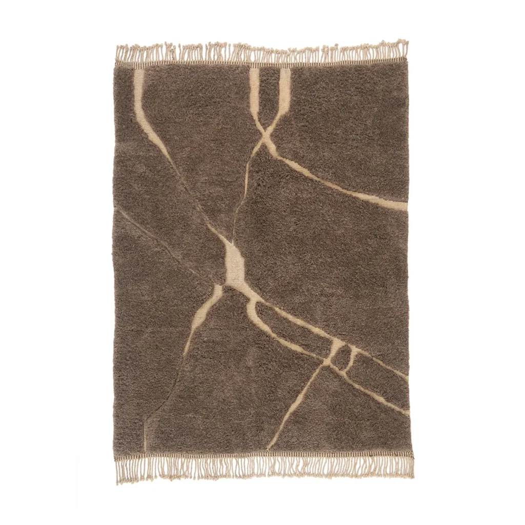 Experience the elegance of this hand-knotted rectangular brown rug featuring beige abstract lines and fringed edges. This luxurious piece adds a touch of sophistication to any room, inviting warmth and style into your home.