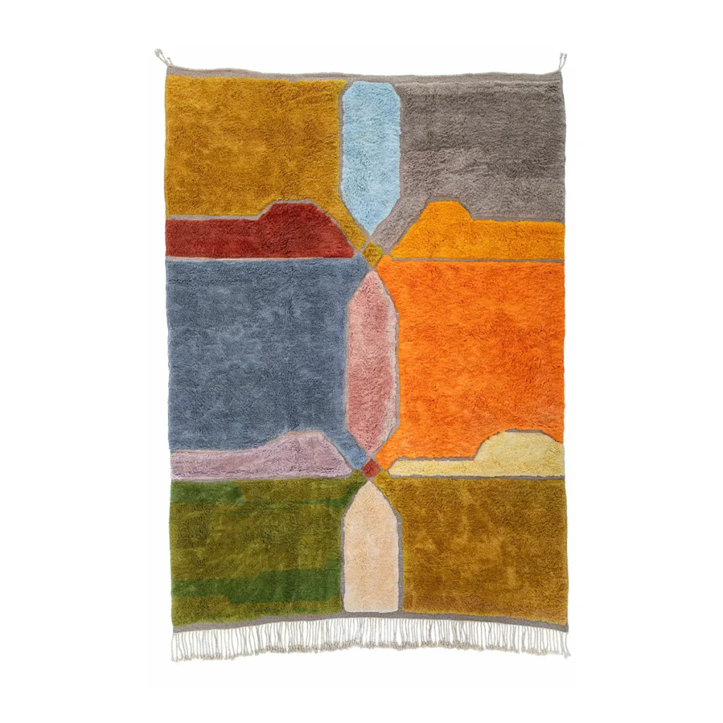A colorful, abstract wall tapestry with geometric patterns in shades of orange, blue, gray, and green, featuring fringes at the bottom. This piece exudes elegance reminiscent of hand-knotted rugs that elevate any living space.