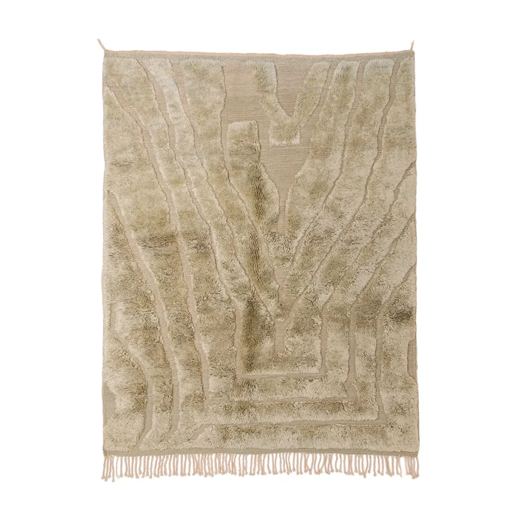 Experience the elegance of this luxury rug, featuring a beige hue and an abstract linear pattern with fringe on the short sides. Hand-knotted for exceptional quality, this piece offers a sophisticated touch to any room.