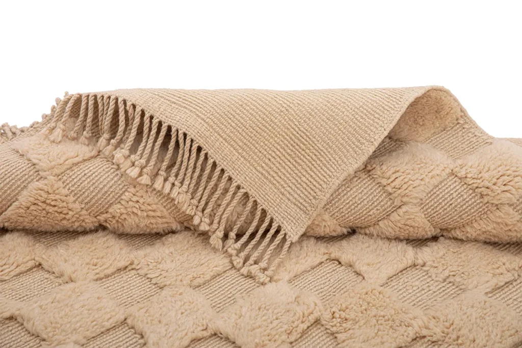 An artisanal rug with a diamond-patterned plush surface adds warmth and texture, beautifully complemented by a hand-knotted piece featuring fringed edges for added charm.