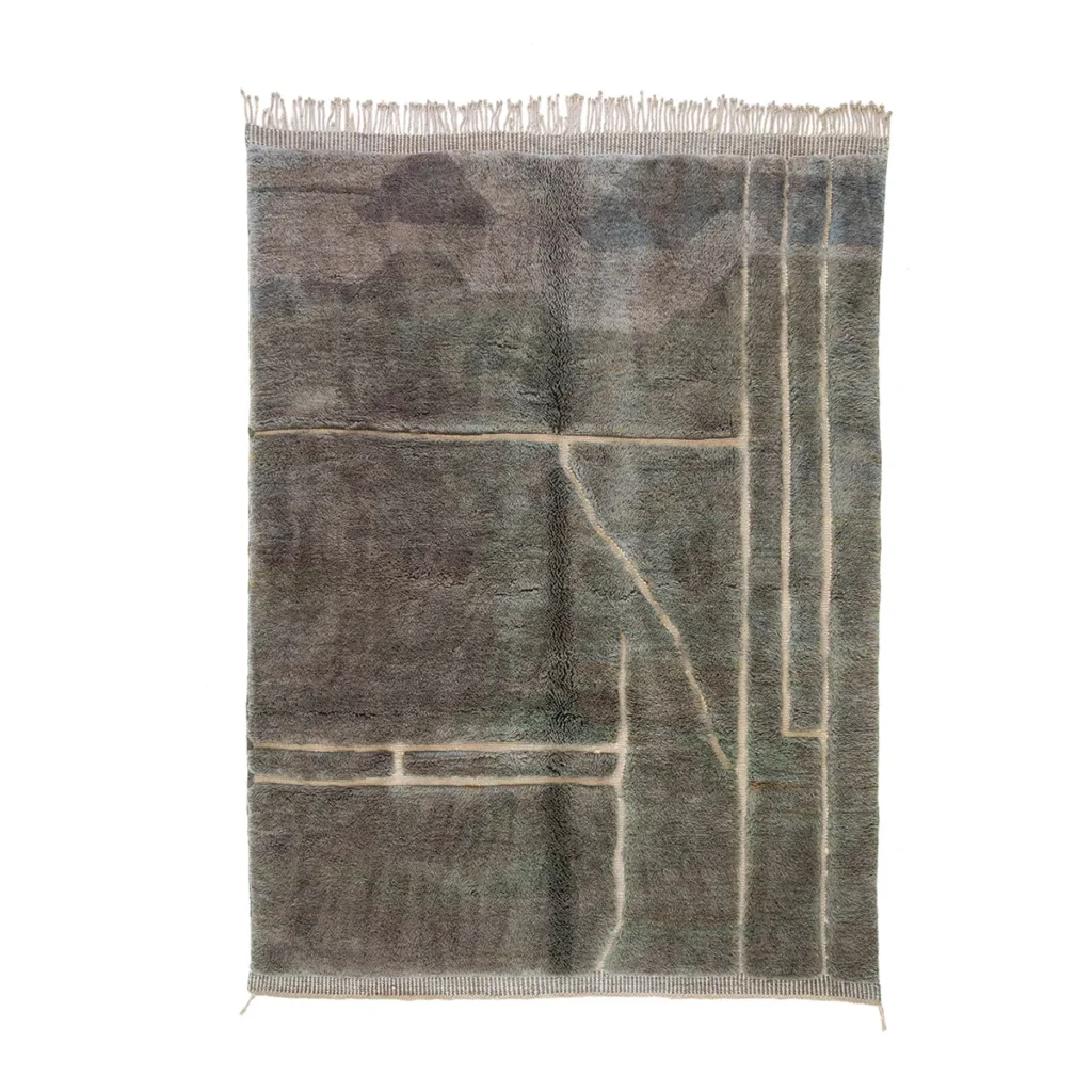A luxurious, hand-knotted rectangular area rug in earth tones, adorned with fringes on the top and bottom edges. It showcases a blend of linear and geometric patterns across its surface, creating an abstract design thats both sophisticated and stylish.