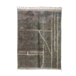 A luxurious, hand-knotted rectangular area rug in earth tones, adorned with fringes on the top and bottom edges. It showcases a blend of linear and geometric patterns across its surface, creating an abstract design thats both sophisticated and stylish.