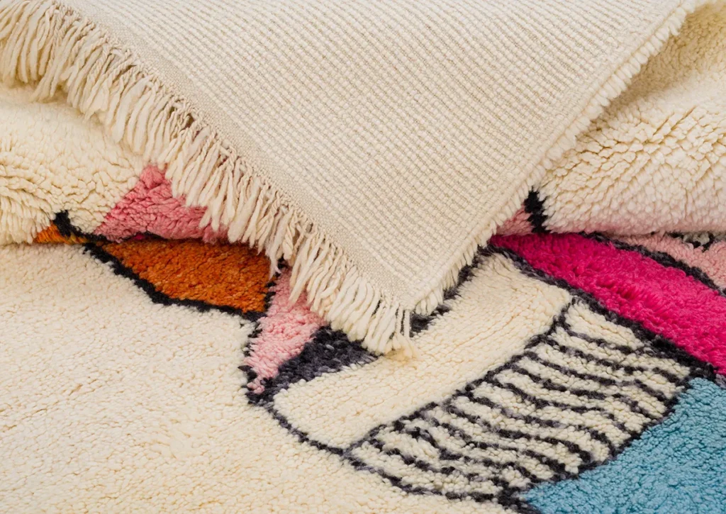 A detailed view reveals a sophisticated layering of texture. The top piece presents a beige hue with fringed edges, while beneath it lies an eye-catching design showcasing pink, blue, orange, and black. These elements evoke the elegance often associated with luxury rugs.