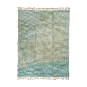 A textured rug with fringed edges, showcasing a gradient pattern that transitions from green to blue and includes a subtle diamond mesh overlay. Perfect for adding an artistic touch to any room.