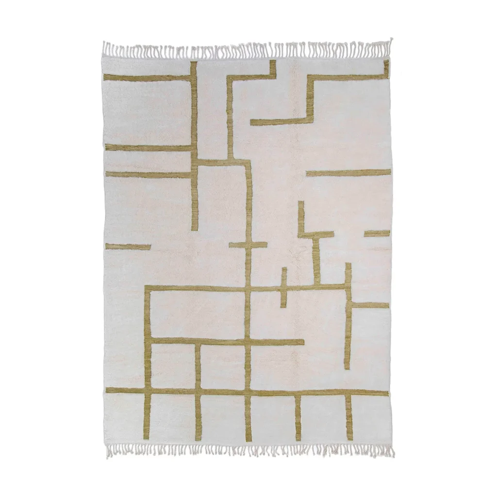 Hand-knotted rectangular rug showcasing an abstract geometric pattern of intersecting lines in beige and olive tones, complete with fringed edges on the shorter sides. This artisanal piece adds a touch of sophistication to any room.