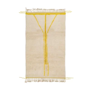 This beige rectangular rug features a luxurious yellow Y-shape pattern and elegant fringe detailing on all sides, exemplifying the artistry of hand-knotted rugs.