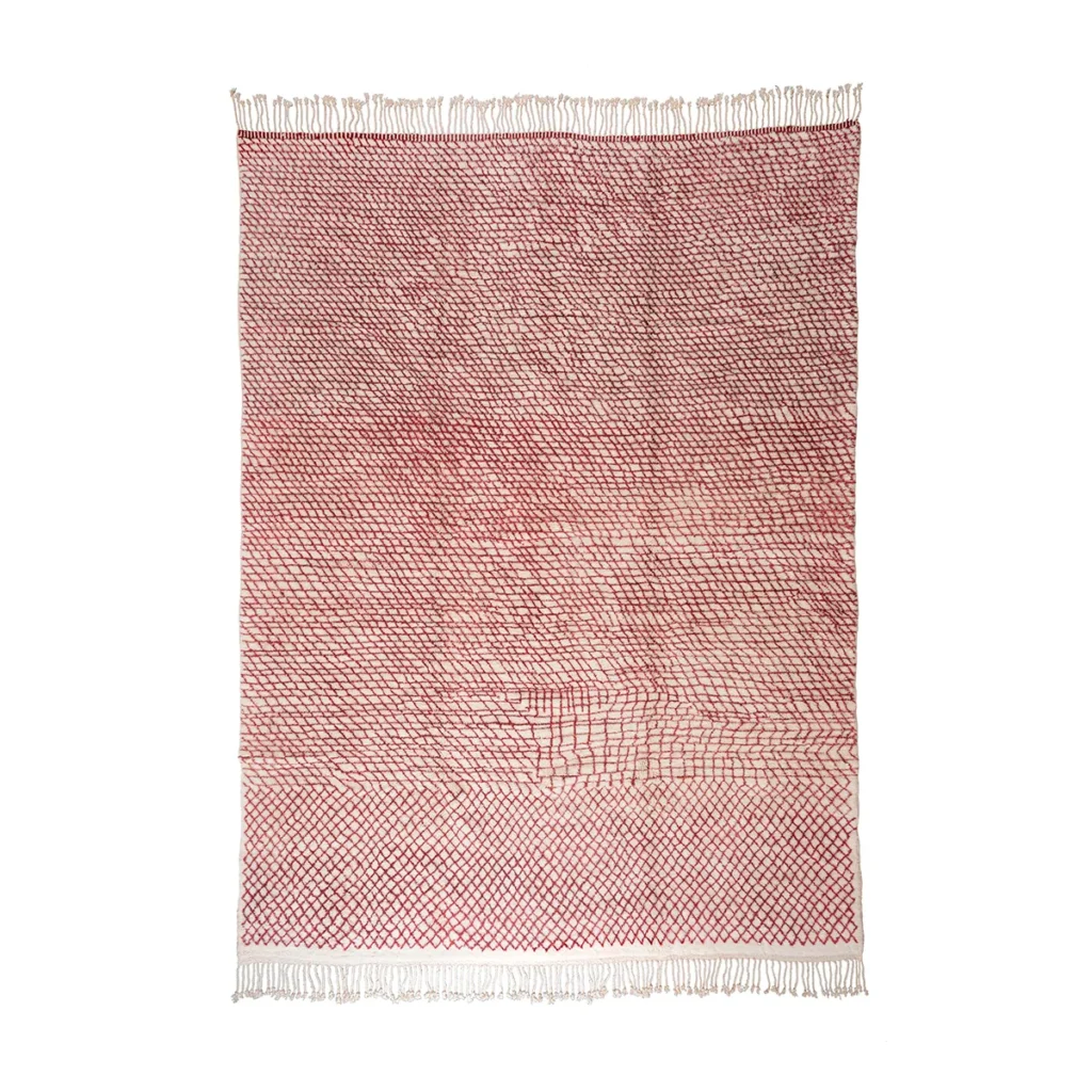 A red and white textured rug with fringe edges, showcasing a subtle pattern of intersecting lines that form a diamond-like grid across its surface. This elegant piece adds sophistication to any room.
