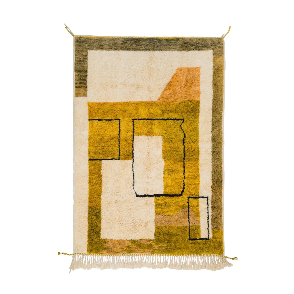 This hand-knotted, rectangular Moroccan rug showcases an abstract geometric pattern in muted yellow, orange, beige, and black. It features fringed edges and looped corners for a touch of luxury.