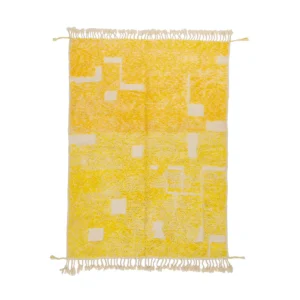 Experience the elegance of this hand-knotted yellow rectangular rug adorned with abstract white square and line patterns, featuring fringed edges. Perfect for adding a touch of sophistication to any room.