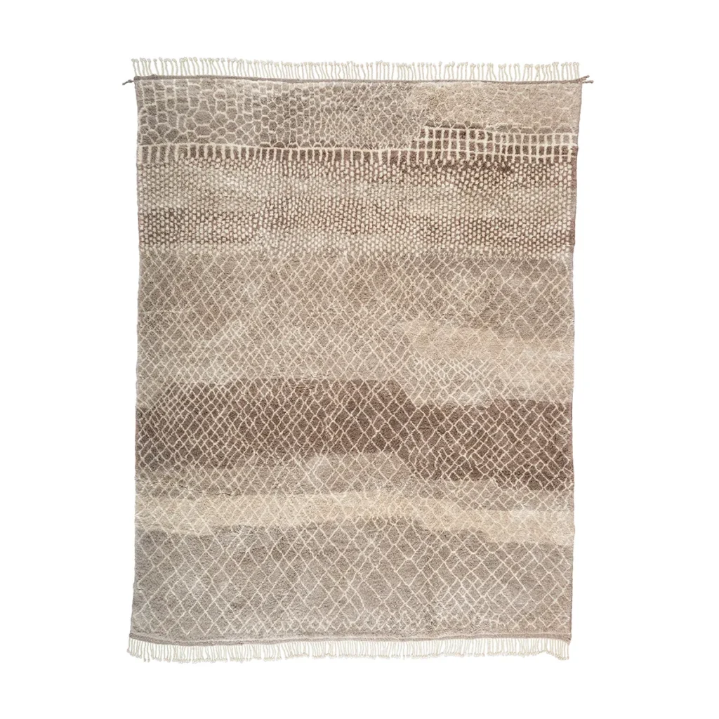 A hand-knotted rectangular area rug with a geometric pattern in shades of beige and brown, featuring fringed edges. This artisanal piece echoes the charm of authentic Moroccan rugs, bringing a touch of elegance to any room.