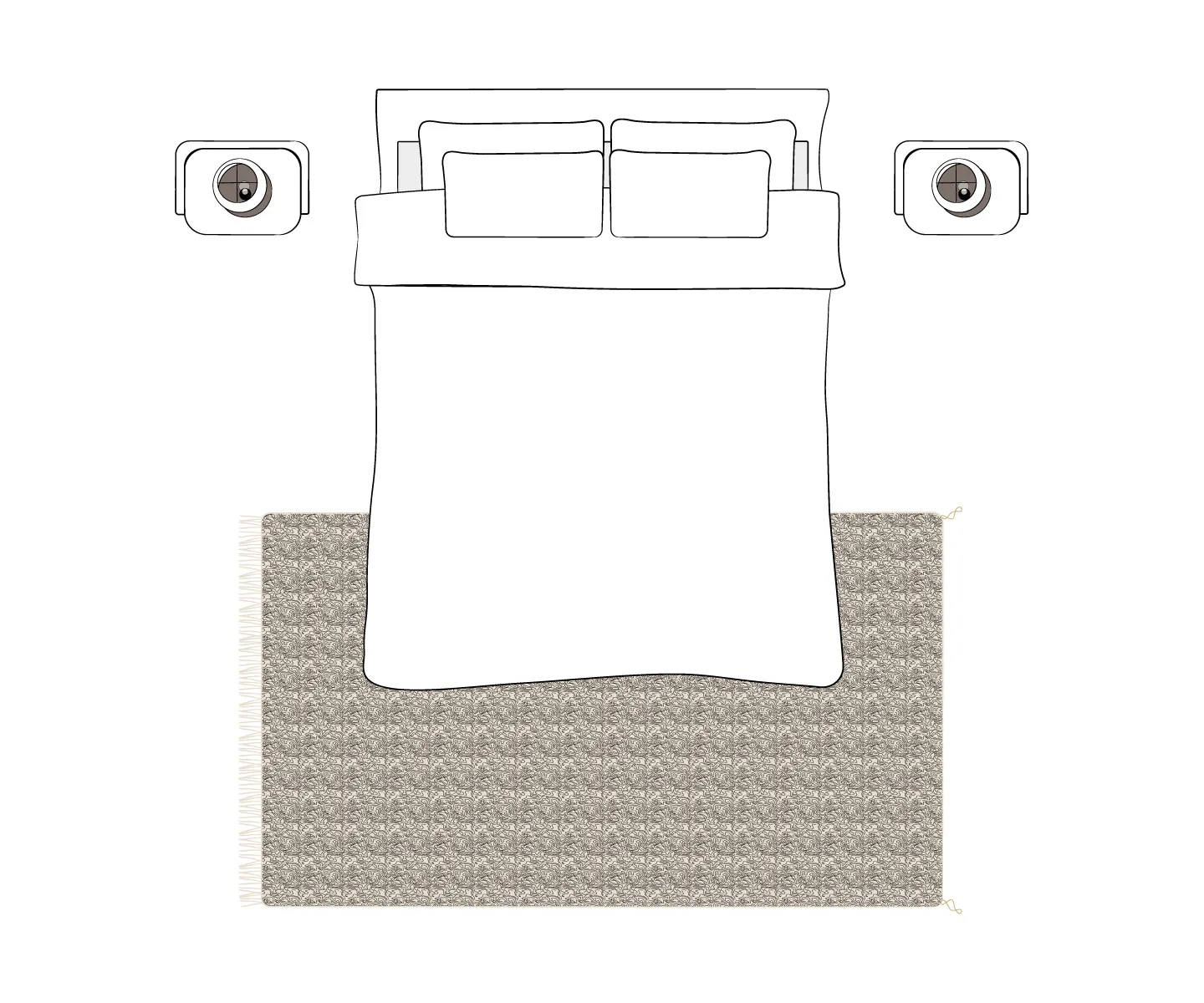 A top-down illustration of a bed with two pillows and two nightstands, positioned above a rectangular patterned Azele Rug, perfect for any buying guide or room inspiration.